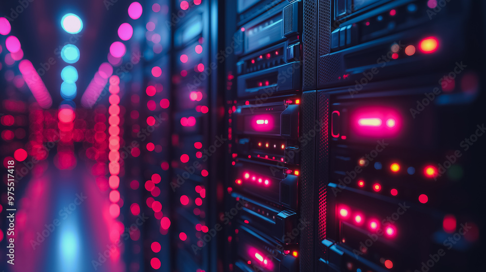 Poster a computer server room with many servers lit up in red. the room is dark and the servers are glowing