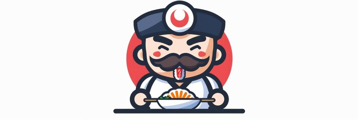 Cute Asian Samurai with Mustache Eating Sushi, Sushi Icon Logo