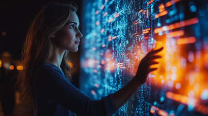 A woman is touching a screen with a blue and orange background. Concept of curiosity and exploration as the woman interacts with the digital display