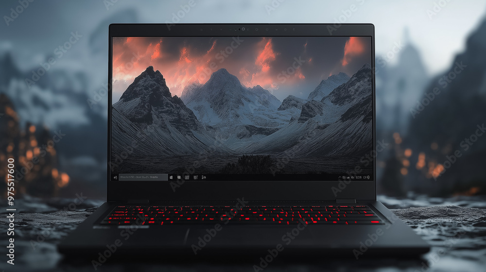Aufkleber a laptop with a mountain background is open to a screen with a mountain view. the laptop is black an