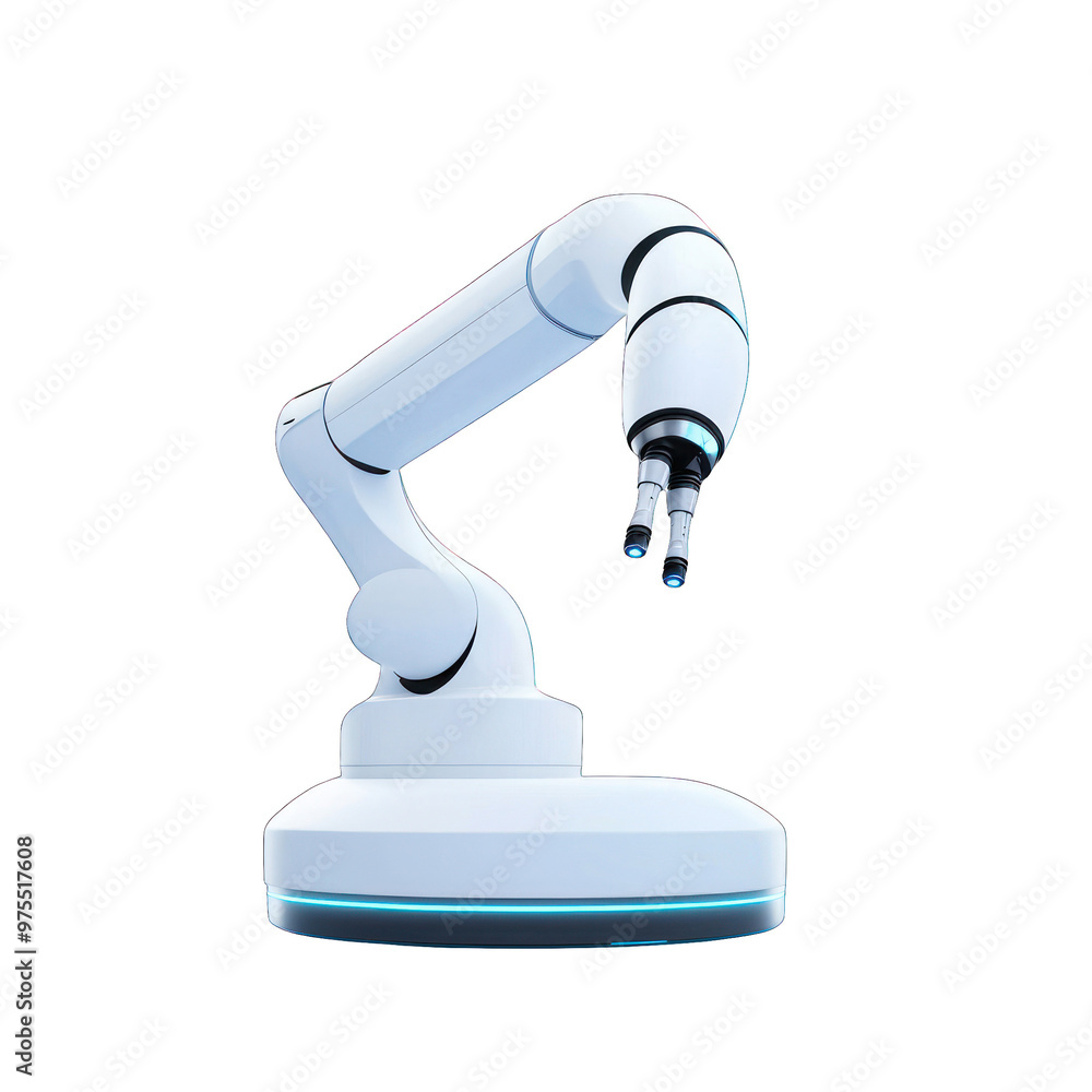 Poster a modern robotic arm designed for precision tasks in industrial environments, showcasing advanced te