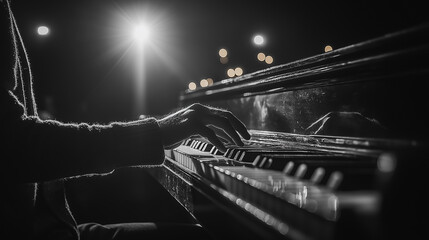 A person is playing a piano with their hands. The image is in black and white and has a moody, dramatic feel to it