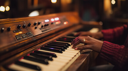 A person is playing a piano with their right hand. The piano is an old model with a wooden finish. The person is wearing a red sweater