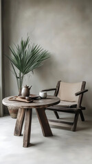 a serene home coffee relax corner that blends Japandi style ,featuring a wooden chair, a round table, and potted plant 