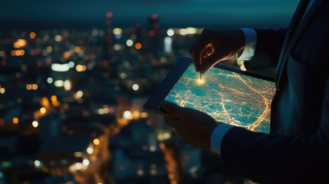 Businessman using a digital tablet with a city skyline in the background.
