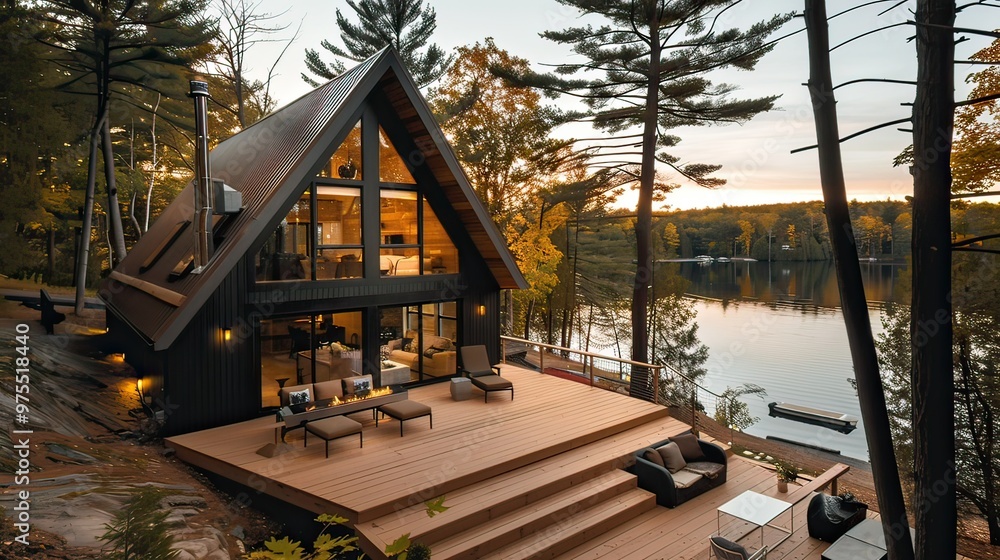 Poster a-frame house with a wraparound deck and a view of a lake in the background.