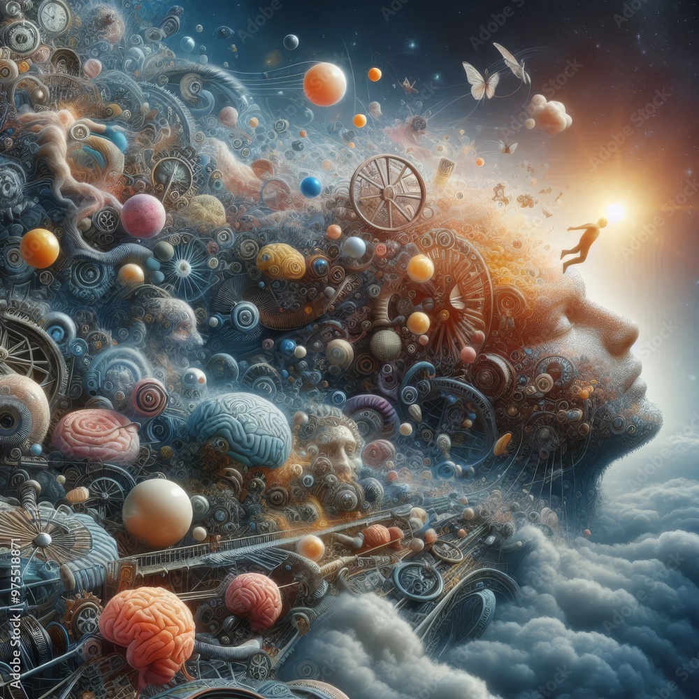 Poster a human head, formed from a complex array of mechanical gears and cosmic objects, emerges from a clo