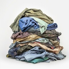 Laundry pile, dirty clothes heap isolated, dirty laundry clothing pile on white background