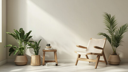 a serene home coffee relax corner that blends Japandi style ,featuring a wooden chair, a round table, and potted plant 