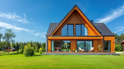 Contemporary A-frame house with wooden siding and a green lawn under a clear blue sky. 