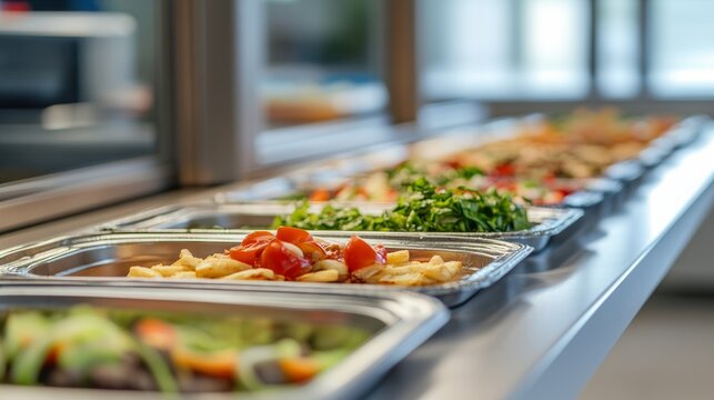 Food on Metal Tray in Modern School Canteen with Blank Copy Space