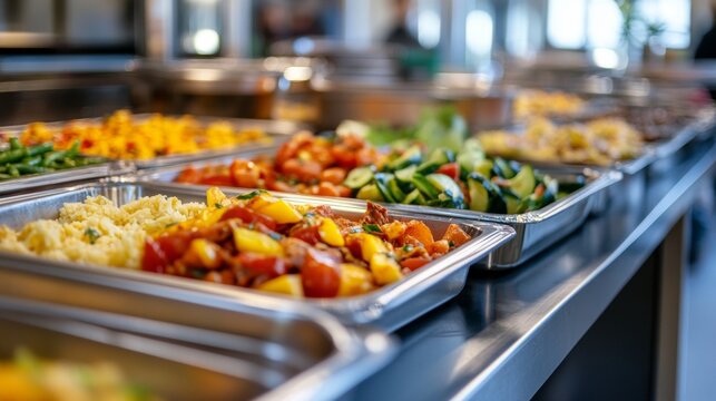 Food on Metal Tray in Modern School Canteen with Blank Copy Space
