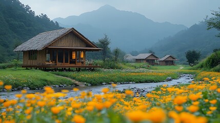 Fototapeta premium A serene valley with wooden cabins, a flowing river, and a field of yellow flowers.