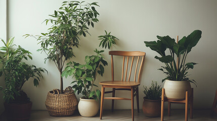 Obraz premium a serene home coffee relax corner that blends Japandi style ,featuring a wooden chair, a round table, and potted plant 