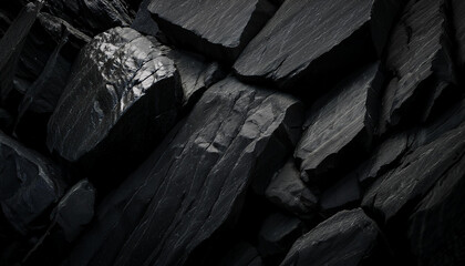 Black rock background with sharp, jagged granite edges. Dramatic shadows. Rough texture of stone