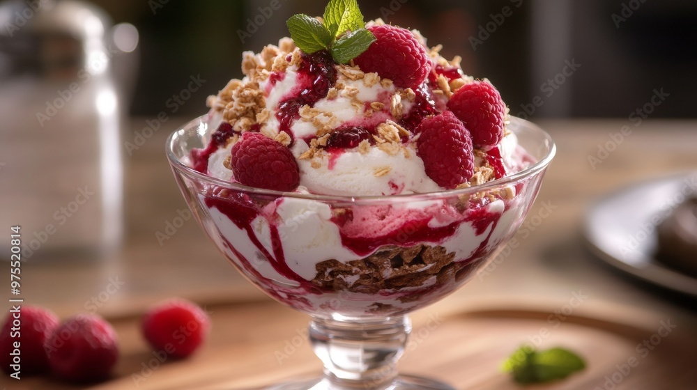 Poster raspberry ice cream sundae topped with fresh fruit slices