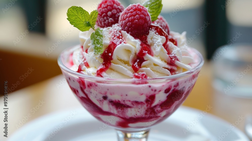 Aufkleber raspberry ice cream sundae topped with fresh fruit slices