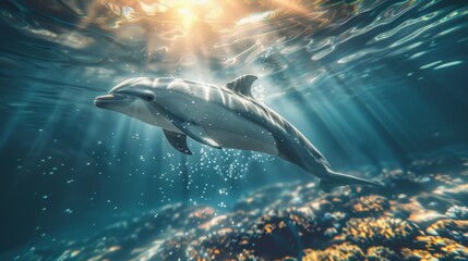 Fototapeta premium A dolphin is swimming in the ocean with the sun shining on it