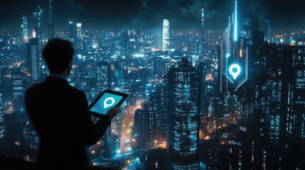 A businessman uses a tablet with a location icon over a cityscape at night to navigate or explore.