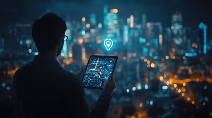 A businessman standing in front of a city skyline, looking at a tablet with a glowing location pin icon.