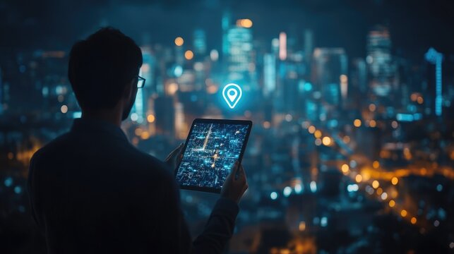 A businessman standing in front of a city skyline, looking at a tablet with a glowing location pin icon.