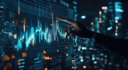 A hand points at a stock market graph on a digital screen with a cityscape backdrop.