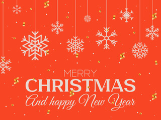 happy new year and merry christmas 2025 with snowflakes and confetti, greeting card red colored