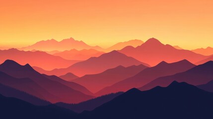 Obraz premium Stylized vector illustration of mountains at sunset, with warm orange and pink tones filling the sky, casting shadows on the landscape.
