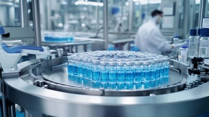 Pharmaceutical factory with automated machinery for production of medical supplies. Vaccine bottling process inside a high-tech lab
