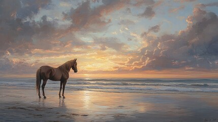 Sunset beach scene with a brown horse standing still, framed by a soft, glowing sky of blues and oranges.