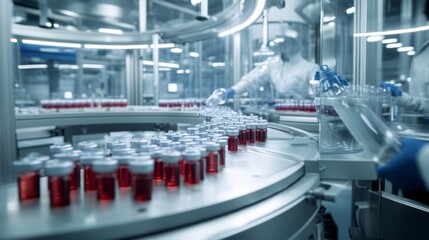 Pharmaceutical factory with automated machinery for production of medical supplies. Vaccine bottling process inside a high-tech lab