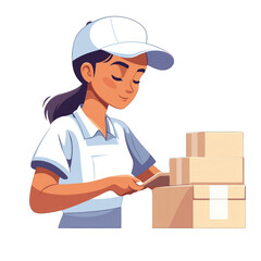 A woman in a cap carefully packs boxes, symbolizing shipping and delivery services with precision and care. transparent background