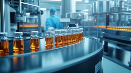 Fototapeta premium Pharmaceutical factory with automated machinery for production of medical supplies. Vaccine bottling process inside a high-tech lab