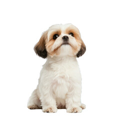 Adorable puppy sitting calmly, showcasing a fluffy coat and expressive eyes, perfect for pet-related projects. transparent background