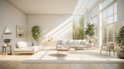 Fototapeta premium Modern, elegant and spacious home white interior with living room, sunlight.