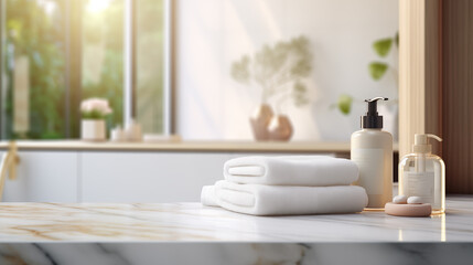 White marble tabletop, empty podium product display, over blurred bathroom window background with shampoo, cream, towels, mirror.
