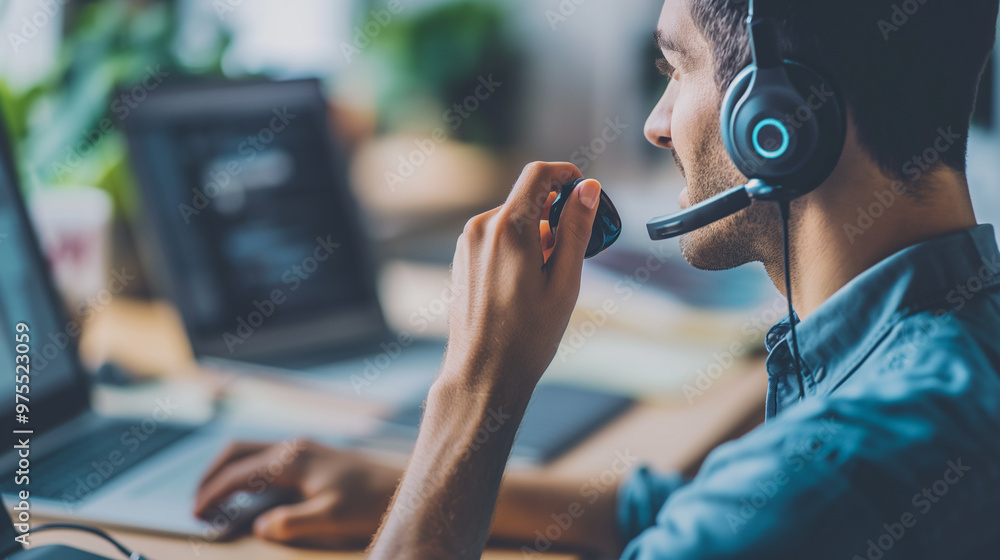 Poster customer service concept. man operator talking with clients. call center with headset microphone and