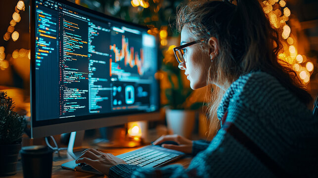 A woman is sitting at a desk in front of a computer monitor