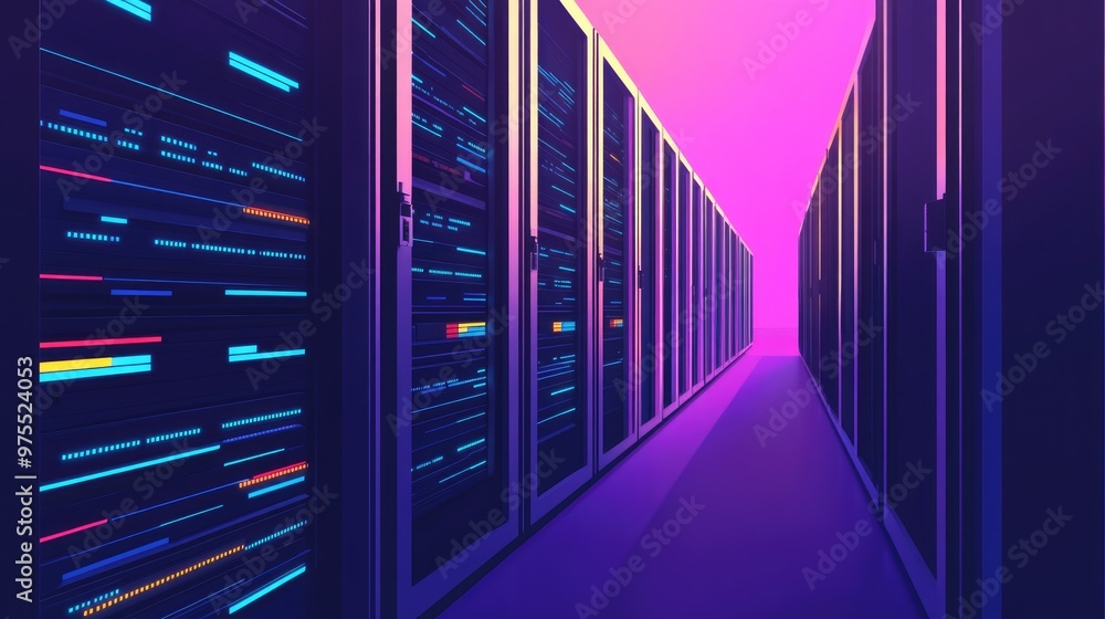 Poster 3d illustration of cable storage in server data center with vertical server rack and horizontal cabl