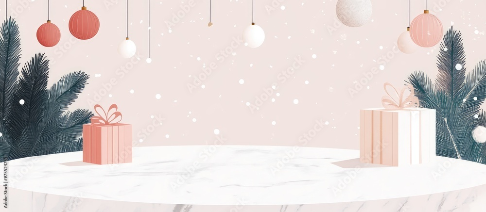 Poster background of empty round marble table with festive decorations