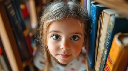 Photo portrait of small cute daughter peek books library interesting reading shelf remote education home schooling isolated indoors