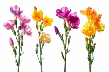 Color freesia flowers isolated, freesia buds set, blossoms collection on white background