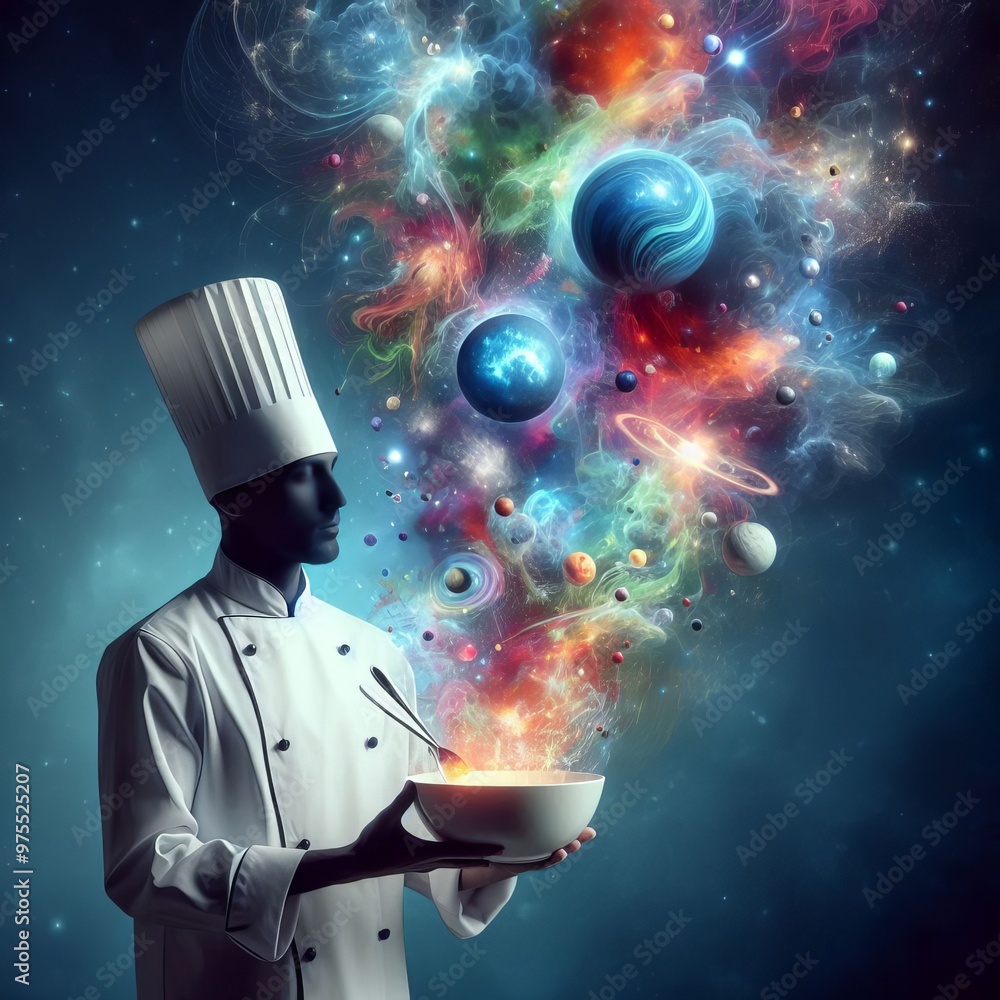 Poster a surreal image featuring a chef holding a bowl from which colorful cosmic elements swirl into the a