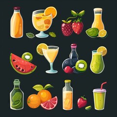Fruit icons set, juice symbols, surreal design elements, fruit stickers, cherry, citrus logo designs