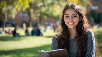 Fototapeta premium Portrait, girl or art college student on outdoor campus in university for opportunity or studying. Confident, happy woman or proud person with smile or notebook for school, education or scholarship
