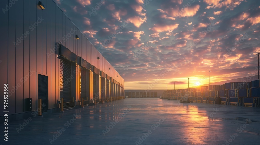 Poster a large warehouse with a large door and a sun setting in the background