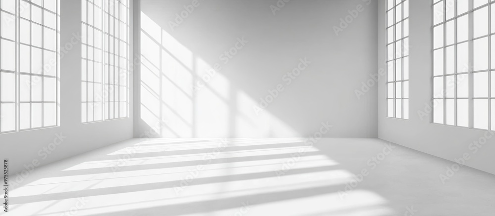 Poster 3d rendering of a white empty studio room with large windows for background or product placement in 