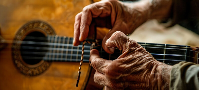 A stringed instrument maker inspects the strings of a guitar, generative AI