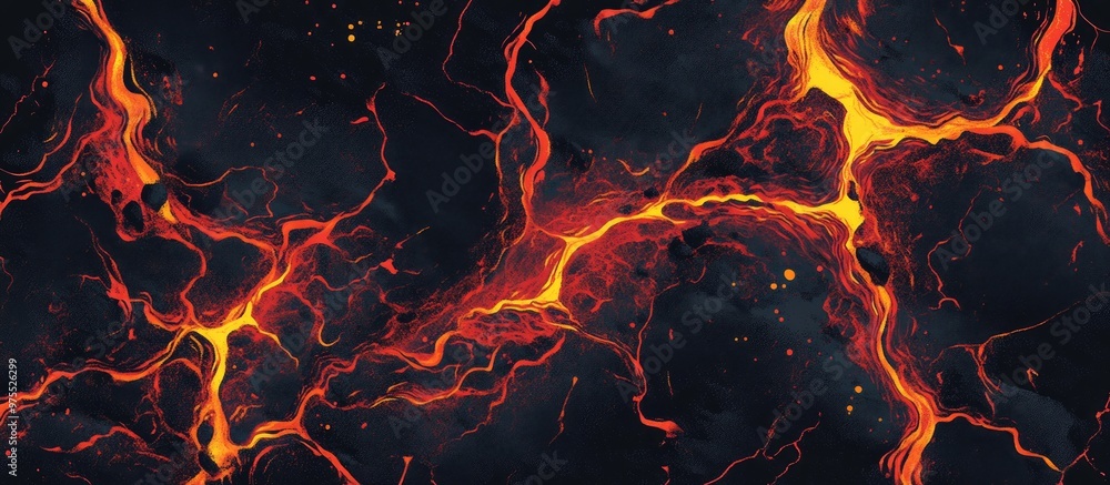 Poster molten lava stone with fiery dark red texture flowing magma with cracks and light on black backgroun
