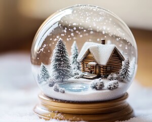 Boule à neige chalet en bois au bord d'un lac enneigé